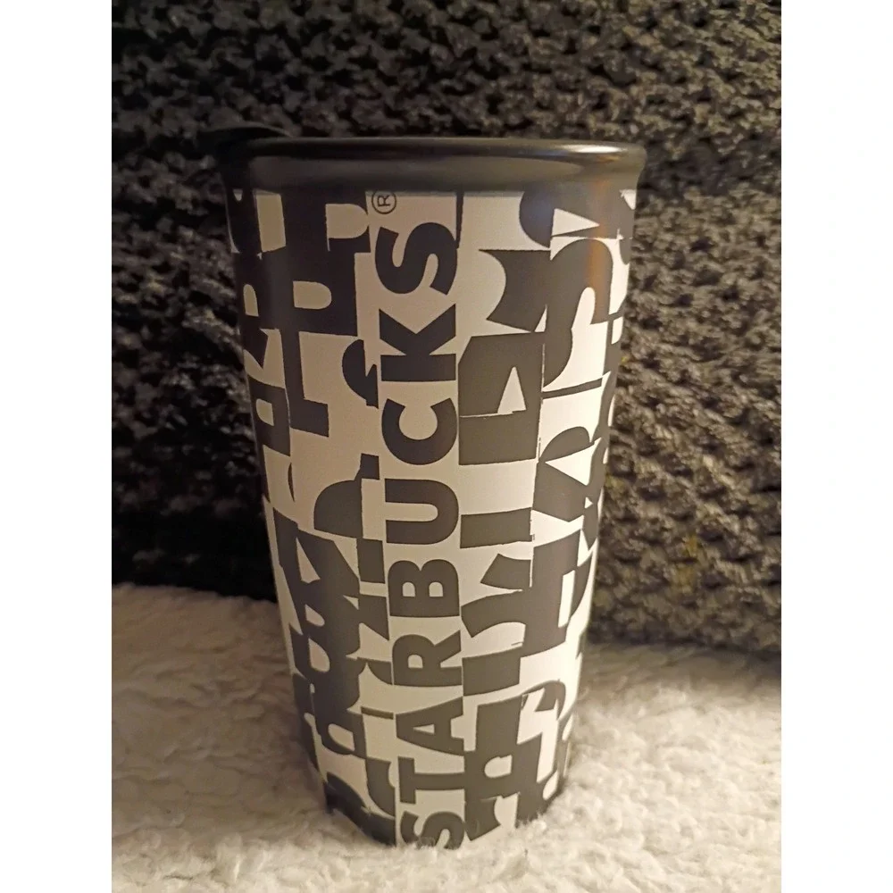 GU 2014 STARBUCKS DOT COLLECTION BLACK & WHITE LETTERING TO GO TRAVEL TUMBLER
